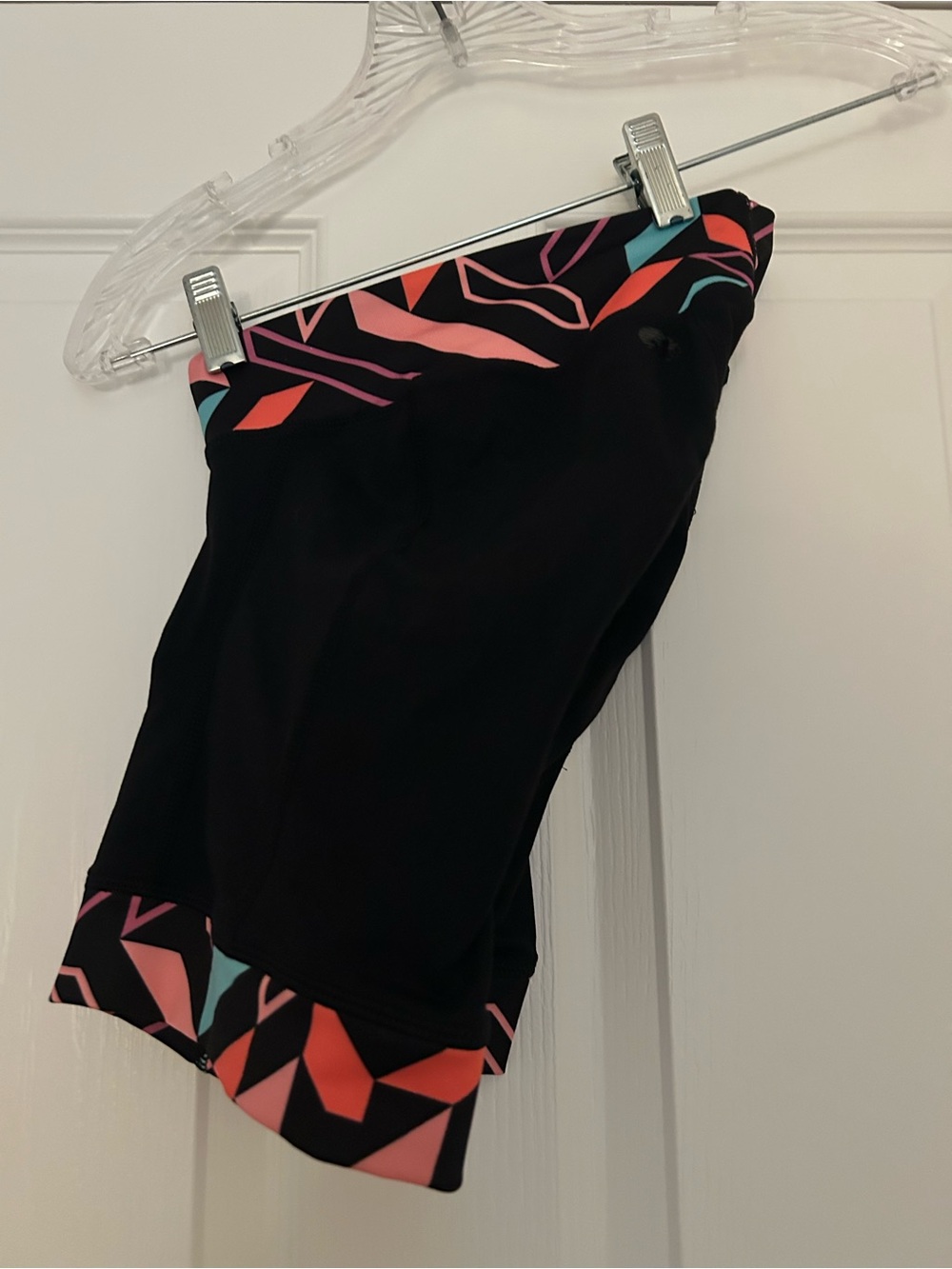 shebeest Black Bike Shorts with Coral, Teal & Pink Geometric Trim